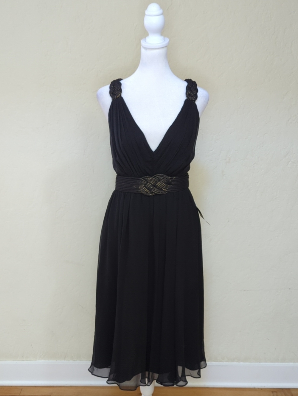 BCBGMaxAzria Silk Black Gold Grecian Goddess Dress with Open Back Size 6